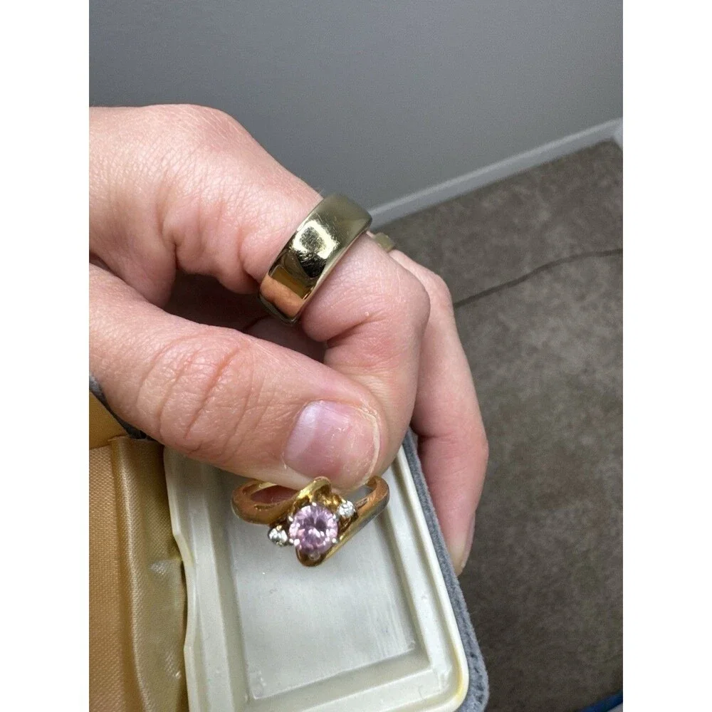 Gold Ring with Pink Round Gemstone and Accent Stones, Sizable